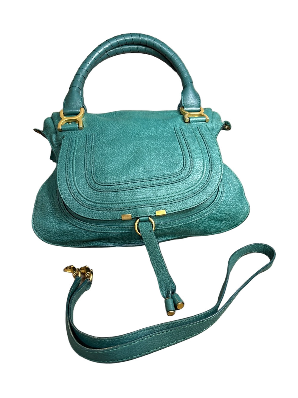 Chloé Marcie Green Teal Leather Satchel with Shoulder Strap & COA